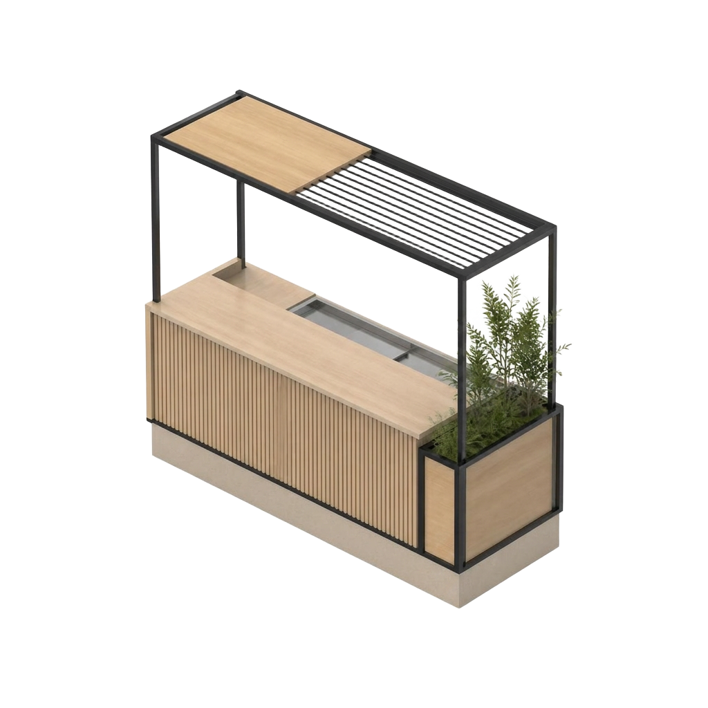 Render axonométrico de un módulo aislado con estructura metálica negra y madera clara.