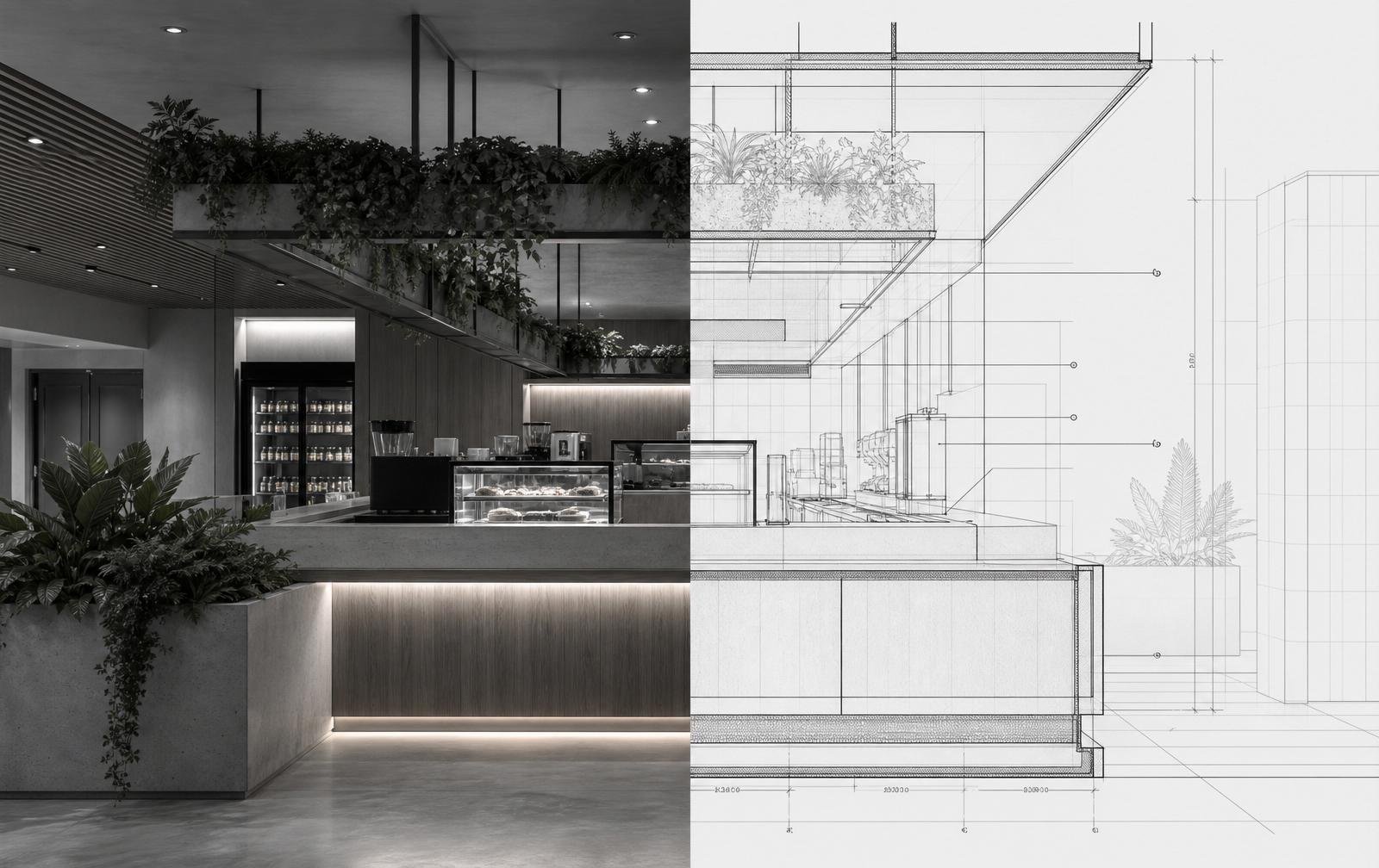 Composición dividida: a la izquierda, fotografía realista de un mostrador de café con vegetación integrada; a la derecha, el mismo espacio continuado como alzado técnico con cotas.