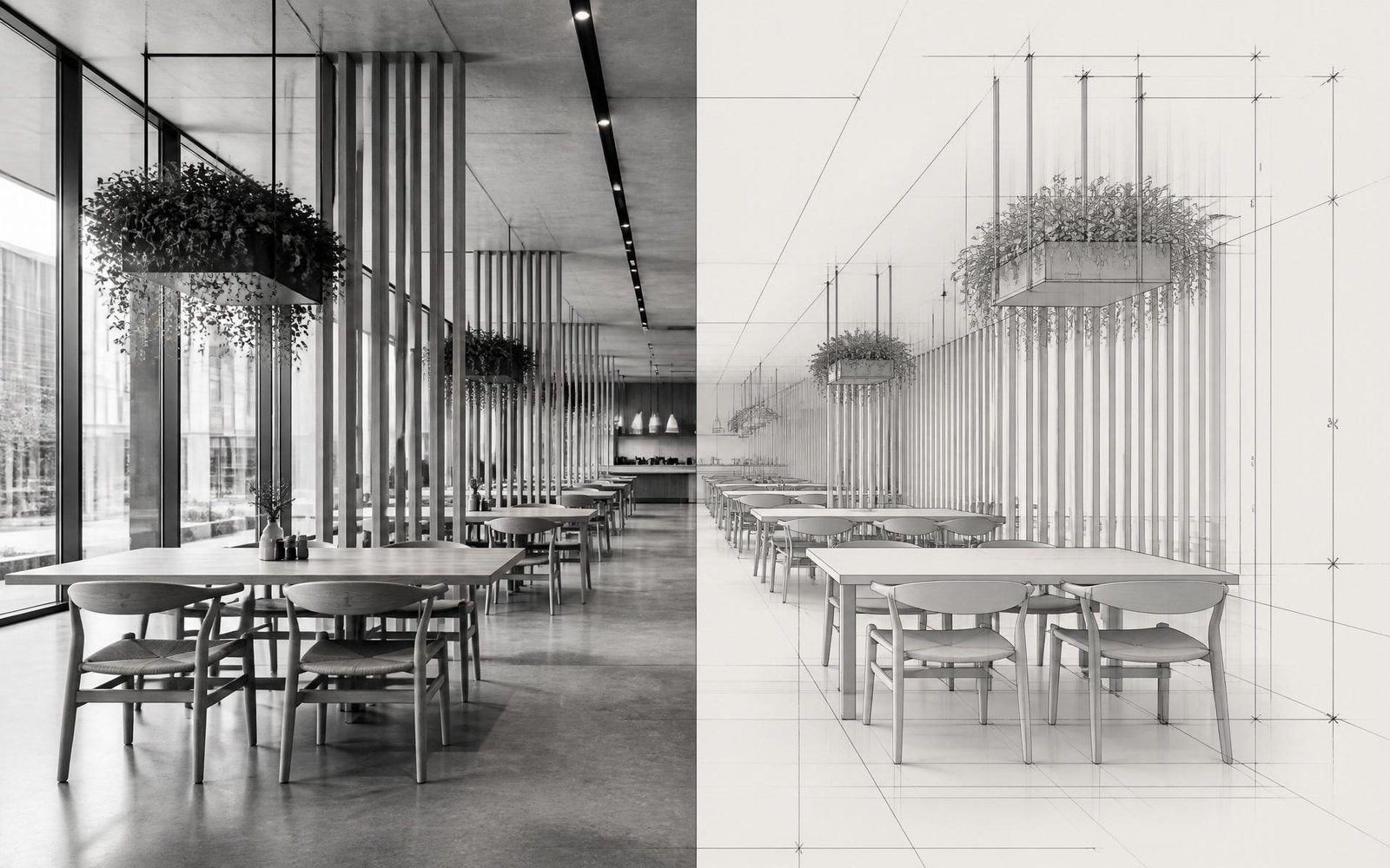 Composición editorial: mitad izquierda, fotografía realista en blanco y negro de un comedor colectivo con lamas de madera y vegetación colgante; mitad derecha, el mismo espacio continuado como render arquitectónico con líneas técnicas finas.